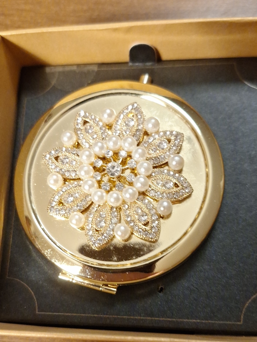 Monet Gold-Tone Compact Mirror with Pearl & Crystal Floral Accent